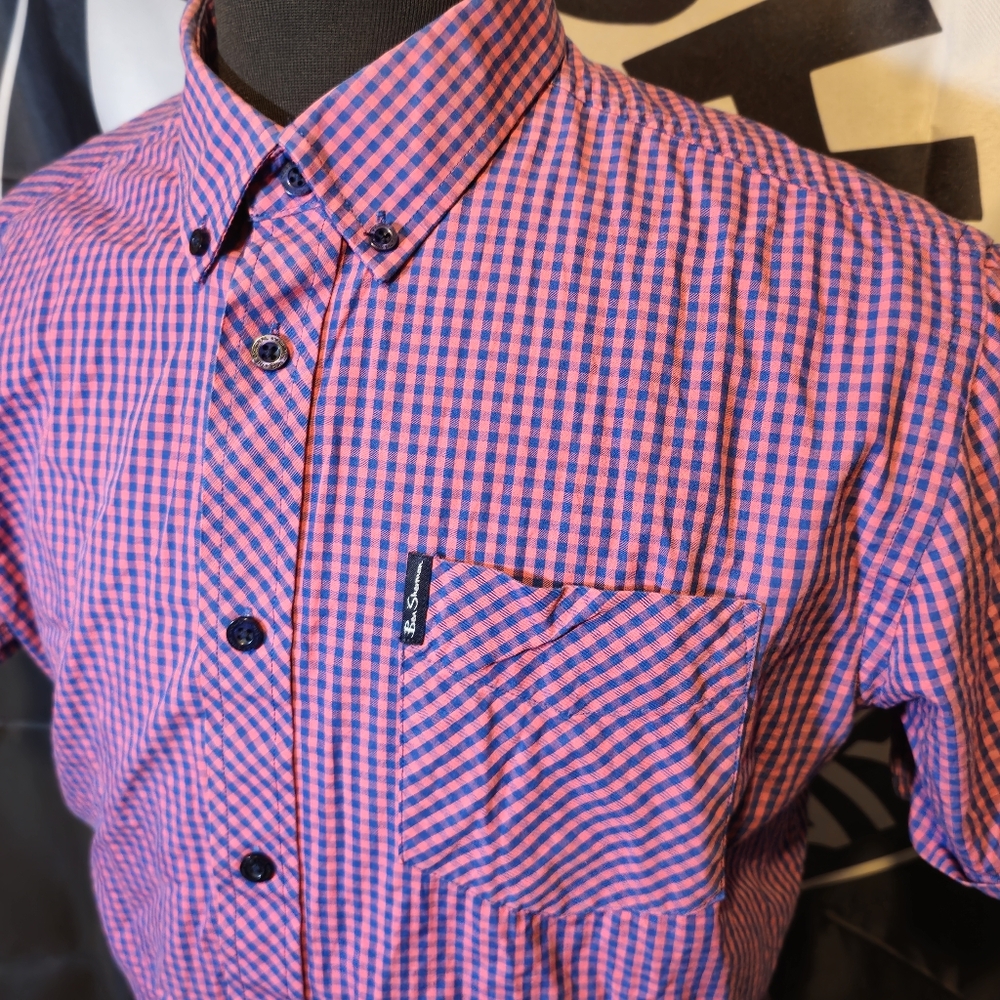 Ben Sherman Salmon Pink Checked Gingham Short Sleeve Shirt Size Medium 23.5" PTP